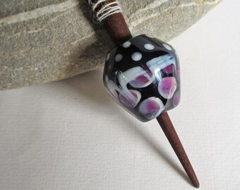 Viking style lampwork 'butterfly wing' glass whorl, black & purple glass bead; optional support spindle, historical wool spinning