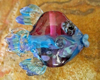 Lampwork Glass fish pendant,Purple, pink & aqua glass bead necklace, ocean jewelry supplies, fish sculpture, Isinglass Design, SRA