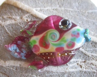 Fish pendant, pink 'garden' lampwork glass bead necklace, jewelry supplies, fish sculpture, ocean summer necklace, Isinglass Design