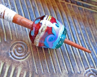 Pink & blue wave whorl bead, Viking style lampwork glass bead whorl; optional support spindle, handmade wool spinning, SCA