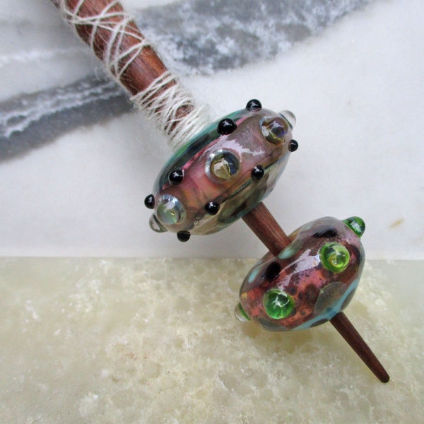 Medieval style bead support spindle, pink & turquoise handmade historical glass whorl, Viking wool spinning, portable spindle