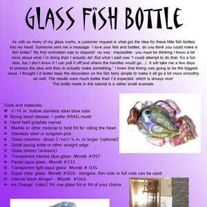 May include: A glass fish bottle with a blue, white, and green design. The bottle is made with a clear glass tube and has a cork stopper. The image includes a list of tools and materials needed to make the bottle.
