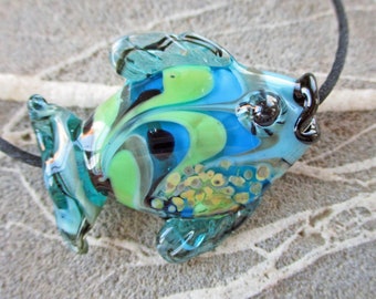 fish sculpture Lampwork glass fish bead teal /& green necklace pendant ocean necklace Laurie Ament Isinglass Design