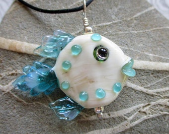 fish sculpture Lampwork glass fish bead teal /& green necklace pendant ocean necklace Laurie Ament Isinglass Design