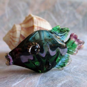 Lampwork Green & Purple Glass Fish Bead Pendant Necklace, handmade glass fish bead, art glass, wearable art pendant, fisherman&#39;s necklace