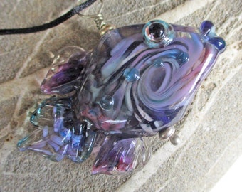 Glass Fish pendant, purple swirled lampwork glass bead necklace, jewelry supplies, fish sculpture, ocean necklace, Isinglass Design