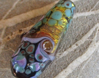 Lampwork glass bead tapered pendant, purple & golden glassbead necklace, artisan focal bead, jewelry supplies, SRA art glass