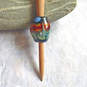 Moon & fire Viking style lampwork glass bead lightweight whorl; optional support spindle, handmade historical spinning, SCA spinner