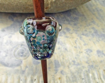 Lampwork glass bead whorl, purple & blue Viking style lampwork glass whorl; optional support spindle stick, wool spinning, SCA