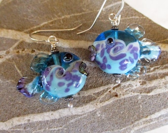 Aqua blue & purple glass fish bead earrings, lampwork glass bead fish, handmade SRA art glass jewelry, ocean glassbead, Isinglass Design