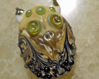Ivory lampwork glass owl bead, handmade lampwork shiny big eyed glass bird pendant- glass animal necklace, focal bead- SRAJD, L Ament