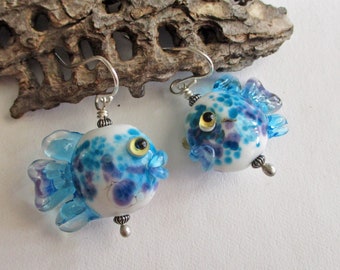 Blue & white glass fish bead earrings, lampwork glass bead fish, handmade SRA art glass jewelry, ocean glassbead, Isinglass Design