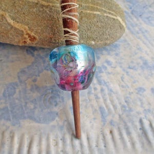 Historical lampwork glass bead spinning whorl, purple & aqua flowers; optional support spindle, SCA spinners