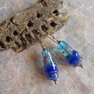 Blue & purple tapered tube lampwork glass bead earrings, handmade glass beads, wearable art jewelry, sterling silver wire SRA art glass