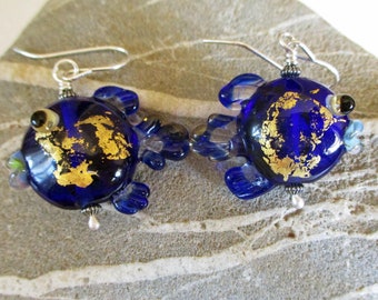 Glass fish bead earrings and pendant set, cobalt blue & gold lampwork glass handmade ocean art glass jewelry, SRAJD, Isinglass Design