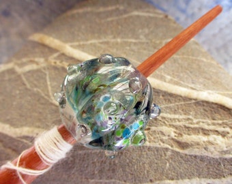 Viking style lampwork glass bead whorl clear & aqua with optional support spindle, handmade historical wool spinning, SCA