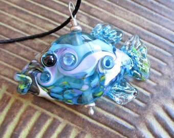 Lampwork Fish, Blue Glass Bead Pendant Necklace, handmade glass fish bead, art glass, wearable art pendant, SRA