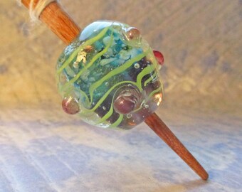 Viking style lampwork glass bead whorl aqua & purple with optional support spindle, handmade historical wool spinning, SCA