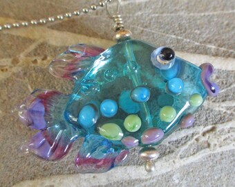 Aqua Blue Glass fish pendant, lampwork glass bead necklace, jewelry supplies, fish sculpture, ocean summer necklace, Isinglass Design