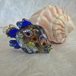 Golden cobalt blue lampwork fish amulet pendant, glass bead necklace, jewelry supplies, fish sculpture ocean necklace, Isinglass Design