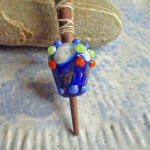 Historical lampwork glass bead spinning whorl, cobalt blue; optional support spindle, SCA spinners