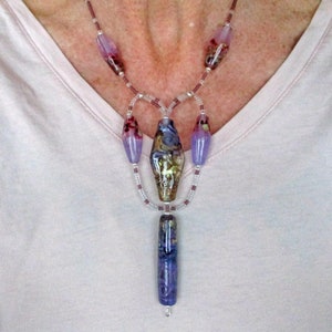 Purple Necklace Lamp Work Glass Beads, &#39;crown&#39; style handmade artisan jewelry, lampwork art beads, SRA wearable art glass