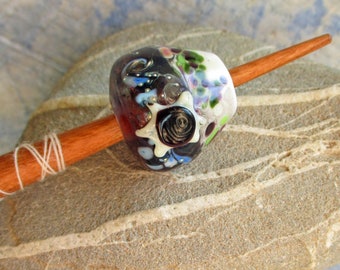 Lampwork glass bead solar eclipse whorl, Viking style lampwork glass whorl; optional support spindle stick, wool spinning, SCA