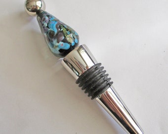 Lampwork glass bead wine stopper, blue artisan large art bead, stainless steel barware cork, housewarming, kitchen supplies, SRA glass