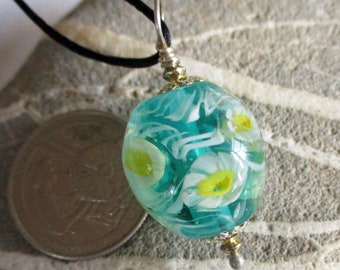 Dark teal Lampwork glass bead with flowers, glassbead necklace, murrini artisan focal bead, jewelry supplies, SRA art glass