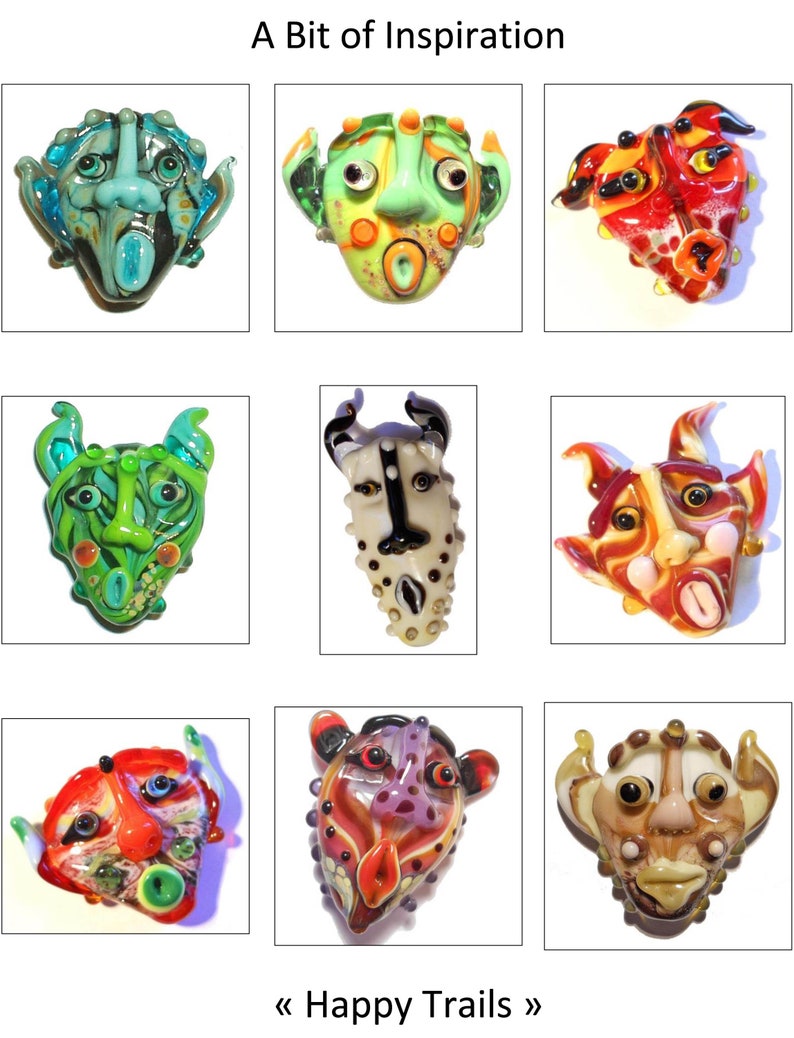 Puede incluir: Nueve cuentas de vidrio de colores con forma de cara con varios dise&ntilde;os y colores, incluyendo verde, rojo, azul, blanco y marr&oacute;n. Las cuentas son todas de diferentes formas y tama&ntilde;os, y tienen un aspecto caprichoso y juguet&oacute;n.  A Bit of Inspiration y Happy Trails est&aacute;n escritos en la imagen.