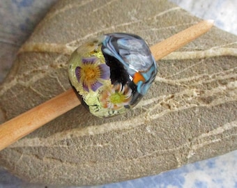 Lampwork glass bead whorl, Viking style black & golden with flowers, SCA handmade historical spinning tool