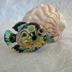 Golden teal & black lampwork fish amulet pendant, glass bead necklace, jewelry supplies, fish sculpture ocean necklace, Isinglass Design