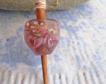 Viking style lampwork glass bead whorl pink flower with optional support spindle, handmade historical wool spinning, SCA