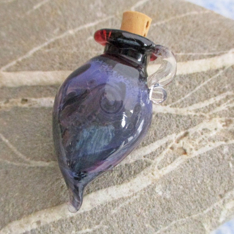 Purple lampwork glass vial miniature amphora bottle jewelry, pendant necklace, potion, aromatherapy, cremains glass bead vessel image 2