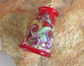 Red glass lampwork bead ceiling fan pull chain, handmade fob on metal chain, designer decor lamp pull, incense holder