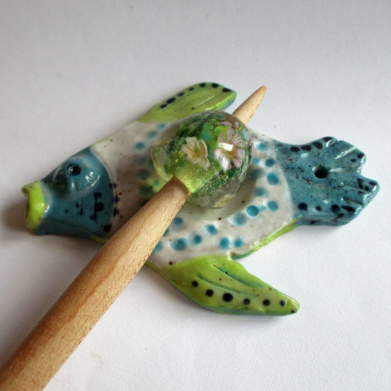 Fish pottery support spindle bowl, clay handmade spinning supplies, incense burner or ring catcher, support yarn spinning image 4