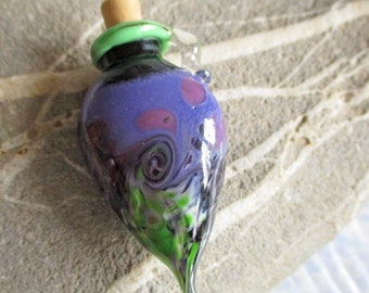 Purple & green lampwork glass vial miniature amphora bottle jewelry, pendant necklace, potion, aromatherapy, cremains glass bead vessel