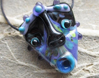 Mask necklace, glass bead pendant, purple & black sculptural amulet, lampwork glass bead face totem focal glassbead, Isinglass Design
