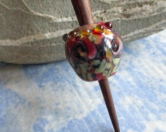 Lampwork glass bead whorl, pink & black Viking style lampwork glass whorl; optional support spindle stick, handmade wool spinning, SCA