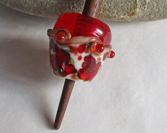 Lampwork glass bead whorl, red & white Viking style lampwork glass whorl; optional support spindle stick, wool spinning, SCA