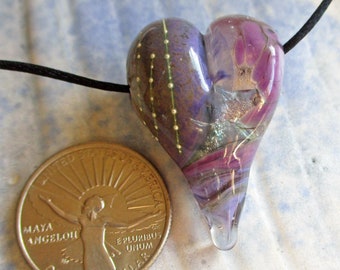 Purple Heart lampwork glass bead pendant necklace, handmade love bead, BHB, one of a kind focal bead, ready to wear jewelry, SRA