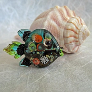 Teal dotted lampwork fish amulet pendant, glass bead necklace, jewelry supplies, fish sculpture ocean necklace, Isinglass Design