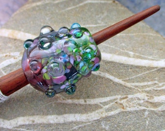 Lampwork glass bead whorl, purple & green Viking style lampwork glass whorl; optional support spindle stick, wool spinning, SCA