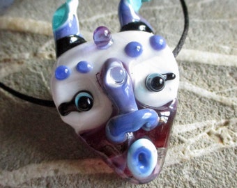 Mask necklace, glass bead pendant, purple & white horned amulet, lampwork glass bead face totem sculptural focal glassbead, Isinglass Design