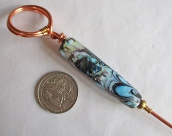 Glass Bead Ring Distaff for hand spinning, blue lampwork bead handmade spinners tool, wool gathering