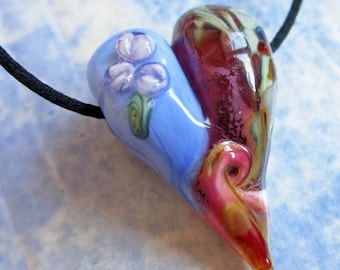 Glass Heart necklace pendant, Lampwork pink & blue bead, love bead, handmade BHB, focal glassbead, ready to wear jewelry, Valentines day