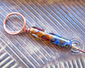 Glass Bead Short Ring Distaff for hand spinning, blue & topaz lampwork bead handmade spinners tool, wool gathering