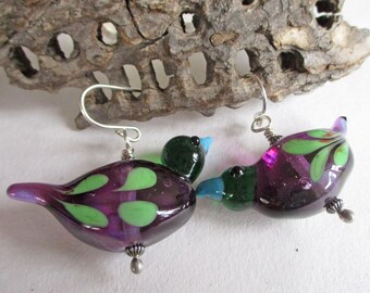 Glass bird bead earrings, purple & green lampwork glass beads, handmade art jewelry, sterling silver wire SRA art glass