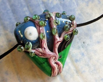 Tree & Full moon lampwork glass bead blue and green pendant necklace, blessingway birthing bead glass focal bead, jewelry for men or women