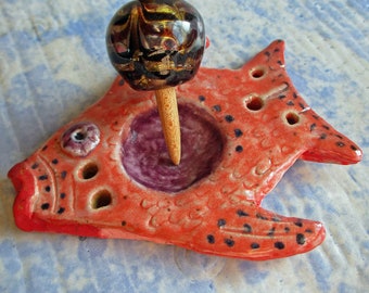 Salmon fish pottery support spindle bowl, clay handmade spinning supplies, incense burner or ring catcher, support yarn spinning